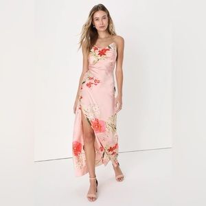 Lulus All About the Drama Blush Pink Floral Satin Cowl Neck Maxi Dress